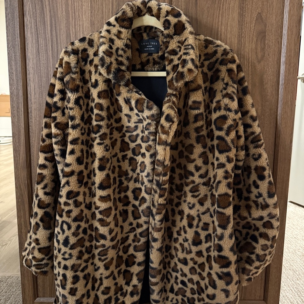 Love Tree Leopard Print Faux Fur Jacket - Brown Black